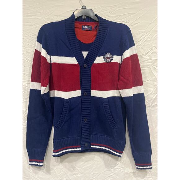 Born Fly Cardigan Long Sleeve Knit Sweater Mens Small Blue Maroon Striped - Picture 1 of 7
